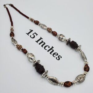Silver and Brown Etched Bobbles Beaded Costume Jewelry 15" Necklace